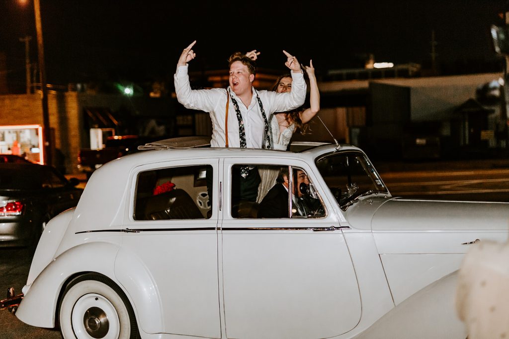 Getaway car after Wedding Reception at Brake and Clutch Warehouse in Dallas Texas